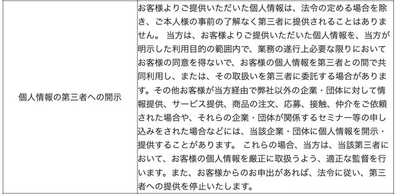 プライバシーポリシーに希望する紹介先の企業や団体へ情報を開示する場合を記載