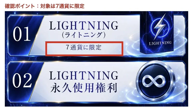 LIGHTNINGの提供内容一覧にある7通貨限定と永久使用権利