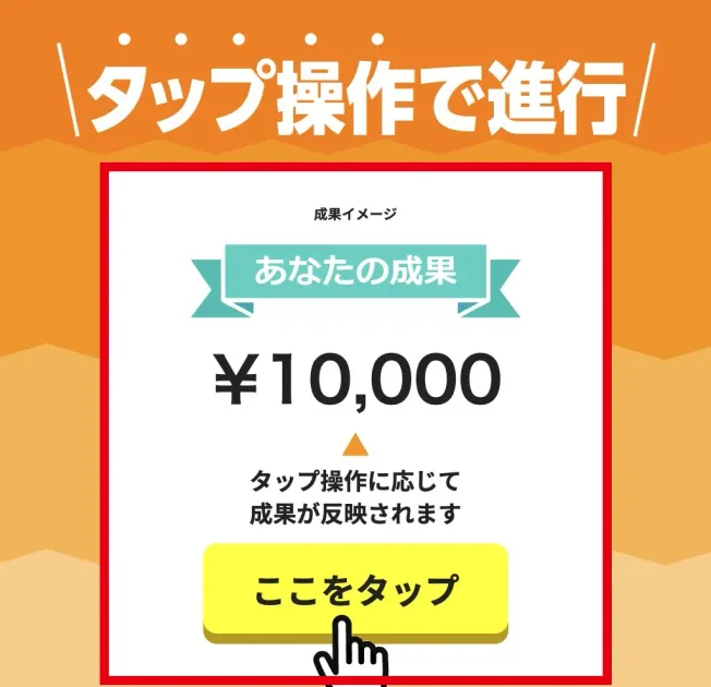 TAPSの案内ページに表示された成果イメージ1万円と「ここをタップ」ボタン
