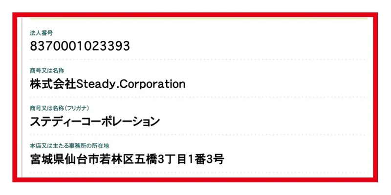 Steady. Corporationの法人番号8370001023393と本店所在地