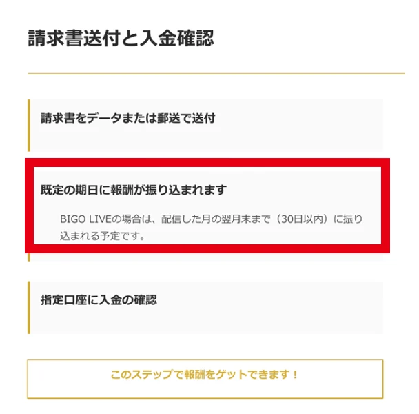 タイムビズのBIGOの例が配信月の翌月末までに入金予定と説明している
