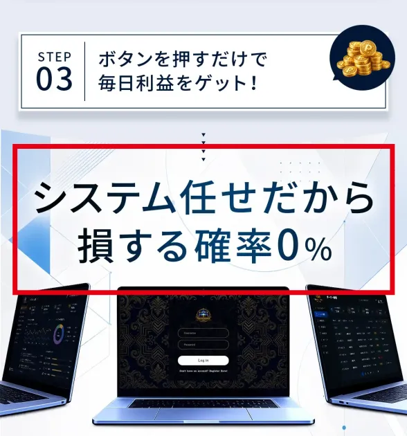 システム任せだから損する確率0%と表示するTREASURE BOXの案内