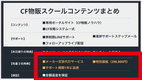 CF物販スクールの特別価格29万8,000円とサポート期間・保証の表示