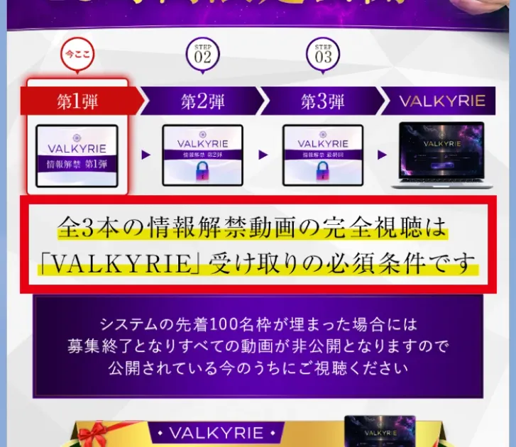 VALKYRIEの3本の情報解禁動画を完全視聴するよう案内する画面
