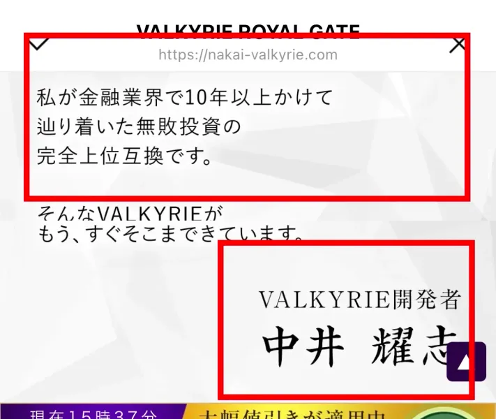 中井耀志が金融業界で10年以上かけて到達したと主張するVALKYRIE販売ページ