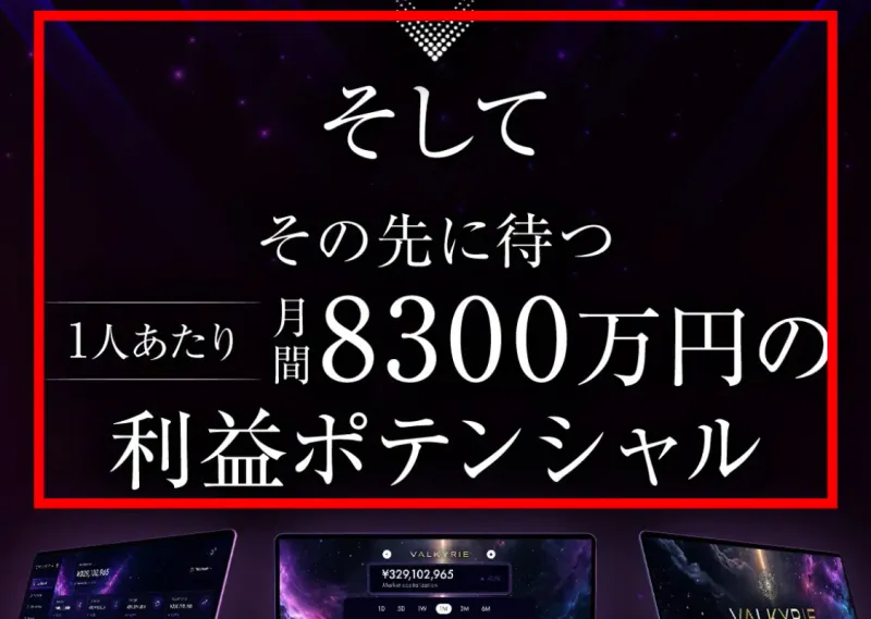 1人あたり月間8300万円の利益ポテンシャルを訴求するVALKYRIE販売ページ