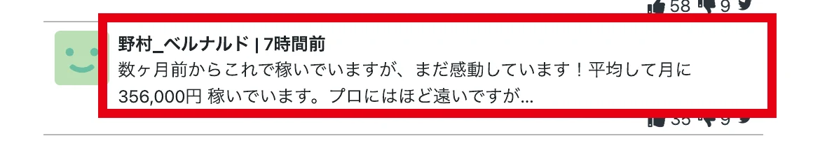 平均して月に356000円稼いでいるという広告ページ内の書き込み