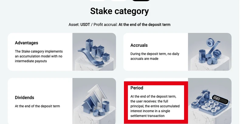 Stakeは途中の払い出しをせず期間終了時に元本と利息を受け取る説明