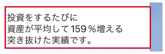 ZONE159のLINEで資産が平均して159%増えると説明する文章