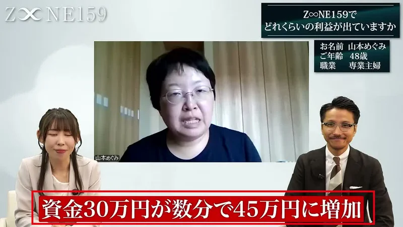 ZONE159の動画で資金30万円が数分で45万円に増加と話す場面